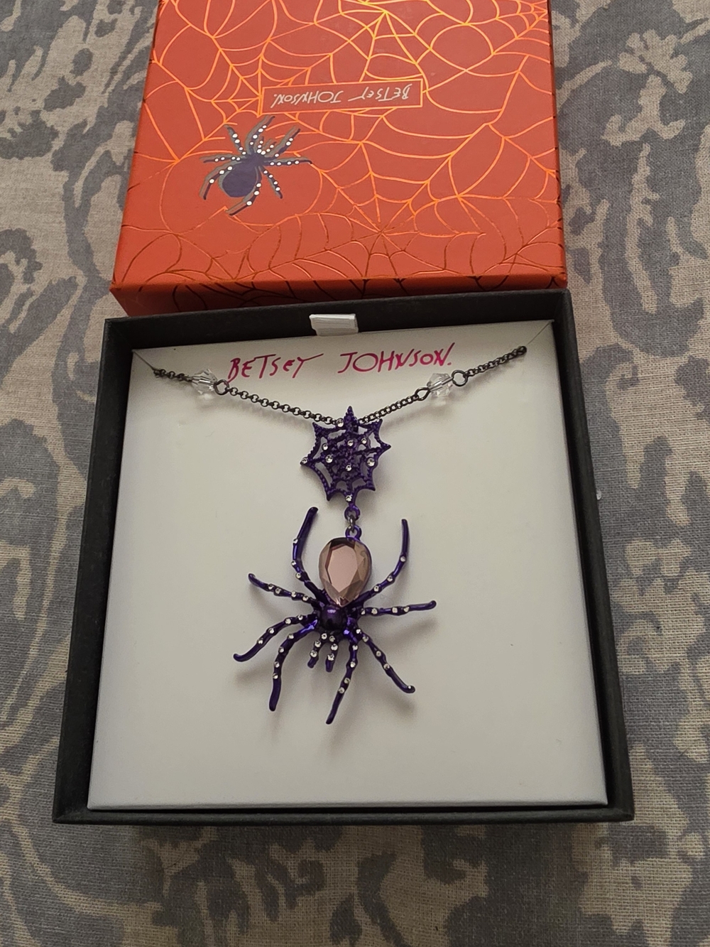 Betsey Johnson Purple Spider Web Pendant Necklace with Pink Crystal